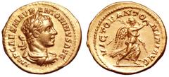 Roman Imperial Elagabalus AV Aureus. Rome, AD 218-219. IMP CAES M AVR ANTONINVS AVG, laureate, draped and cuirassed bust right / VICTOR ANTONINI AVG, Victory walking right, holding wreath and palm. RI