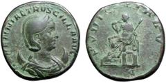 Roman Imperial Herennia Etruscilla Æ Double Sestertius. Rome, AD 249-251. HERENNIA ETRVSCILLA AVG, diademed and draped bust right set on crescent / PVDICITIA AVG, Pudicitia, veiled, seated left, holdi