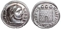 Roman Imperial Severus II, as Caesar, AR Argenteus. Serdica, AD 305-306. SEVERVS NOB C, laureate head right / VIRTVS MILITVM, three-turreted camp gate with no doors; •SM•SDA• in exergue. RIC -; NAC 62