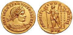 Roman Imperial Constantius II, as Caesar, AV Solidus. Siscia, AD 334. FL IVL CONSTANTIVS NOB CAES, laureate and cuirassed bust right / PRINCIPI IVVENTVTIS, Constantius in military attire standing left