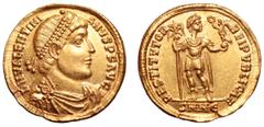 Roman Imperial Valentinian I AV Solidus. Nicomedia, AD 364. D N VALENTINIANVS P F AVG, pearl-diademed, draped and cuirassed bust right / RESTITVTOR REIPVBLICAE, Emperor standing facing, head right, ho