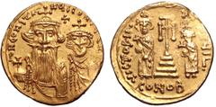 Byzantine Constans II AV Solidus. Syracuse, circa AD 659-662. D N CONStA-NY..., crowned bust of Constans II with long beard and holding globus cruciger, and Constantine IV facing / VICTORIA TYS YI Γ:,