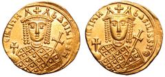 Byzantine Irene AV Solidus. Constantinople, AD 797-802. EIPINH bASILISSH, crowned facing bust of Irene, wearing loros, holding globus cruciger in right hand, cruciform sceptre in left / •EIPINH bASILI