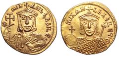 Byzantine Michael II AV Solidus. Constantinople, AD 820/1-822. * MIX AHL ЬASILE', crowned facing bust, wearing slight beard and chlamys, and holding akakia and cross potent / MIXAH L ЬASILEЧ' E, crown