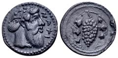 Greek Sicily, Naxos AR Litra. Circa 461-430 BC. Head of Dionysos right, wearing ivy wreath; NAXI to right / Grape bunch on vine. Cahn 74.8 (V54/R62 – this coin); Campana 10; Rizzo pl. XXVIII, 15; SNG 