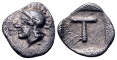 Greek Arkadia, Tegea AR Tetartemorion. Circa 423-400 BC. Helmeted head of Athena Alea left / T within shallow incuse square. BCD Peloponnesos 1721; HGC 5, 1054. 0.25g, 7mm. Good Very Fine. Extremely R