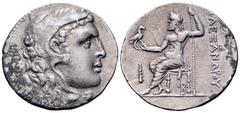 Greek Kingdom of Macedon, Philip V AR Tetradrachm. In the name and types of Alexander III. Pella, circa 180 BC. Head of Herakles to right, wearing lion skin headdress / Zeus Aëtophoros enthroned left,
