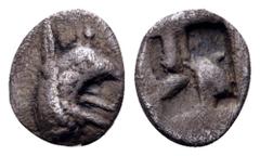 Greek Ionia, Teos AR Tetartemorion. Circa 460-420 BC. Head of griffin right / Quadripartite incuse square. SNG Kayhan 602. 0.25g, 8mm. Very Fine.