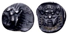 Greek Lesbos, Methymna AR Tetartemorion. 5th-4th Century BC. Head of Lion or Herakles wearing lion skin left / Facing head of a Satyr within incuse punch square. Unpublished in the standard references