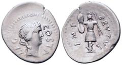 Roman Imperatorial Q. Servilius Caepio (M. Junius) Brutus AR Denarius. Military mint travelling with Brutus and Cassius in Western Asia Minor or Northern Greece, 43-42 BC. Laureate head of Apollo righ