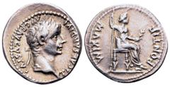 Roman Imperial Tiberius AR Denarius. Lugdunum, AD 36-37. TI CAESAR DIVI AVG F AVGVSTVS, laureate bust right / PONTIF MAXIM, Livia (as Pax) seated right on throne with ornate legs, holding long sceptre