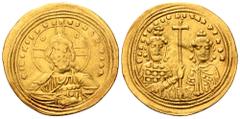 Byzantine Basil II , with Constantine VIII, AV Histamenon Nomisma. Constantinople, AD 1005-1025. +IhS XIS REX REGNANTINM, facing bust of Christ Pantokrator; crescents in upper quarters of nimbus / +bA