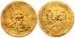 Byzantine Basil II , with Constantine VIII, AV Histamenon Nomisma. Constantinople, AD 1005-1025. +IhS XIS REX REGNANTINM, facing bust of Christ Pantokrator; crescents in upper quarters of nimbus / +bA