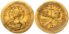 Byzantine Basil II , with Constantine VIII, AV Histamenon Nomisma. Constantinople, AD 1005-1025. +IhS XIS REX REGNANTINM, facing bust of Christ Pantokrator; crescents in upper quarters of nimbus / +bA