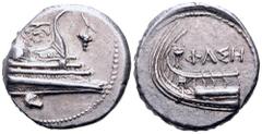 Lycia, Phaselis AR Stater. 4th century BC. Prow of galley right, fighting platform decorated with wreath; grape bunch on vine to right / Stern of galley left; tripod and ΦAΣH above. Heipp-Tamer Series