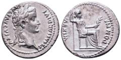 Tiberius AR Denarius. Lugdunum, AD 15-18. TI CAESAR DIVI AVG F AVGVSTVS, laureate head right / PONTIF MAXIM, Livia (as Pax) seated right on throne with plain legs, holding sceptre in right hand and ol