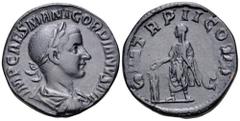 Gordian III Ӕ Sestertius. Rome, AD 239. IMP CAES M ANT GORDIANVS AVG, laureate, draped and cuirassed bust right / P M TR P II COS P P, Gordian standing right, holding patera over lighted altar; S-C ac