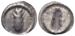 Greek Lucania, Metapontion AR Hemiobol. Circa 540-510 BC. Ear of barley with six grains / Incuse ear of barley with six grains. Noe Class I, 35ff; HN Italy 1462. 0.15g, 10mm, 12h. Very Fine. Toned.