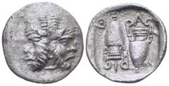 Greek Islands off Thrace, Thasos AR Diobol. Circa 412-404 BC. Janiform heads of two satyrs / Two amphorae, the left inverted, Θ-A-Σ-I around, within shallow incuse square. Le Rider, Thasiennes 25; SNG