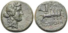 Greek Lydia, Nysa Æ17. Circa 1st Century BC. Head of young Dionysos right, wearing ivy-wreath; boarder of dots / Hades in galloping quadriga right, carrying off struggling Persephone; [NYΣAΕΩN] above,