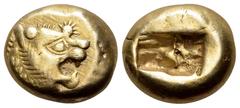 Greek Kingdom of Lydia, Alyattes EL Trite. Sardes, circa 610-546 BC. Head of roaring lion to right, sunburst with multiple rays on forehead / Two incuse square punches of unequal size. Traité II/1, 44