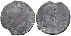 Roman Provincial Augustus, with Divus Julius Caesar, Æ Sestertius" of Achulla, Africa. L. Volusius Saturninus, proconsul. Struck 7/6 BC. CAESAR [DIVI F ACHVLLA], bare head of Augustus right / [DIVOS I