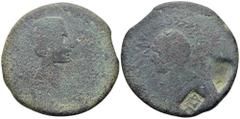 Roman Provincial Augustus, with Divus Julius Caesar, Æ Sestertius" of Achulla, Africa. L. Volusius Saturninus, proconsul. Struck 7/6 BC. [CAESAR DIVI F ACHVLLA], bare head of Augustus right / [DIVOS I