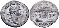 Roman Imperial Domitian AR Tetradrachm. Ephesos(?), struck circa AD 82. IMP CAESAR DOMITIANVS AVG, laureate head of Domitian right / Tetrastyle temple of Jupiter Optimus Maximus with decorated tympanu