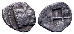 Greek Macedon, Akanthos AR Hemiobol. Circa 480 BC. Head of calf right / Quadripartite incuse square. Traité II 1, no. 1710, pl. LIV, 18; Weber 1886; McClean pl. 114, 11; SNG Lockett 1291; SNG ANS 51. 