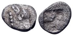 Greek Macedon, Akanthos AR Hemiobol. Circa 480 BC. Head of calf right / Quadripartite incuse square. Traité II 1, no. 1710, pl. LIV, 18; Weber 1886; McClean pl. 114, 11; SNG Lockett 1291; SNG ANS 51. 