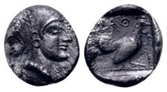 Greek Lesbos, Methymna AR Hemiobol. Circa 500/480-460 BC. Female head right, hair bound in sakkos / Cock standing right within incuse square, [M]AΘ above. SNG Copenhagen -; SNG von Aulock -; Klein -; 
