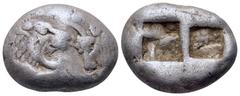 Greek Kingdom of Lydia, Kroisos AR Half Stater - Siglos. Sardes, circa 564-539 BC. Confronted foreparts of lion right and bull left / Two incuse square punches of unequal size. SNG Copenhagen 456; SNG