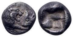 Greek Kingdom of Lydia, Kroisos AR 1/24 Stater. Sardes, circa 550-546 BC. Confronted foreparts of lion and bull / Incuse punch. Klein 562. 0.84g, 7mm. Very Fine.
