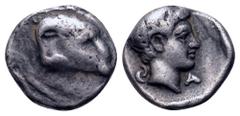 Greek Karia, Halikarnassos (?) AR Hemiobol. Circa 400-340 BC. Head of ram right / Young male head right, Karian legend S-A across fields. SNG Kayhan 996; SNG Keckman 873. 0.57g, 8mm, 12h. Very Fine, g