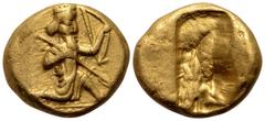Greek Achaemenid Kings of Persia AV Daric. Time of Darios I to Xerxes II, circa 485-420 BC. Persian Great King or hero, wearing kidaris and kandys, in kneeling-running attitude on exergual line to rig