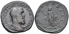 Roman Imperial Pupienus Æ Sestertius. Rome, AD 238. IMP CAES M CLOD PVPIENVS AVG, laureate, draped and cuirassed bust right / P M TR P COS II P P, Pupienus standing left, holding branch and parazonium