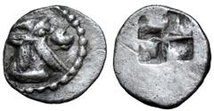 Greek Kingdom of Macedon, Alexander I AR Hemiobol. Circa 498-454 BC. Head of goat to right / Quadripartite incuse square. SNG ANS -; Raymond -; SNG Copenhagen -; CNG e228, 28; cf. AMNG III p. 138, 10 