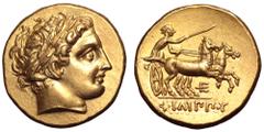 Greek Kingdom of Macedon, Philip II AV Stater. Struck under Philip III. Amphipolis, circa 323-315 BC. Laureate head of Apollo right / Charioteer, holding kentron and reins, driving racing biga to righ