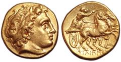 Greek Kingdom of Macedon, Philip II AV Stater. Struck under Philip III. Kolophon, circa 323-319 BC. Laureate head of Apollo right, with the features of Alexander III / Charioteer, holding kentron and 