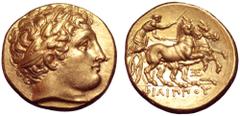 Greek Kingdom of Macedon, Philip II AV Stater. Struck under Philip III. Abydos, circa 323-319 BC. Laureate head of Apollo right / Charioteer, holding kentron and reins, driving racing biga to right; Ξ
