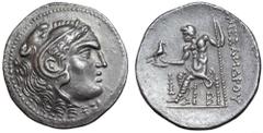 Greek Kingdom of Macedon, Philip V AR Tetradrachm. In the name and types of Alexander III. Pella, circa 180 BC. Head of Herakles right, wearing lion skin headdress / Zeus Aëtophoros seated left, holdi