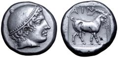 Greek Thrace, Ainos AR Tetradrachm. Circa 412-409 BC. Head of Hermes right, wearing petasos / Goat walking right, kerykeion before, AIN above; all within incuse square. May 255c; Kraay-Hirmer 422; Loc