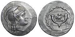 Greek Ionia, Lebedos AR Tetradrachm. Circa 160-140 BC. Stephanophoric type. Apollodotos, magistrate. Head of Athena right, wearing triple-crested Attic helmet with laurel branch above visor / Owl stan