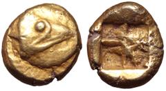 Greek Mysia, Kyzikos EL Hekte. Circa 600-550 BC. Head of tunny fish to right on raised disc / Quadripartite incuse square. Cf. Hurter-Liewald in SNR 2006, 21 (1/12 stater); cf. von Fritze 32 (1/12 sta