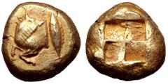 Greek Mysia, Kyzikos EL Stater. Circa 550-500 BC. Forepart of bull running to left, head reverted / Quadripartite incuse square. Von Fritze -; SNG France -; Boston MFA -; BMC -; Hurter-Liewald -. 16.1