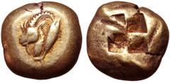 Greek Mysia, Kyzikos EL Stater. Circa 550-500 BC. Head of ibex left; tunny fish behind / Quadripartite incuse square. Cf. Von Fritze 49 (1/12th stater); cf. SNG France 187 (same); Boston MFA -; BMC -;
