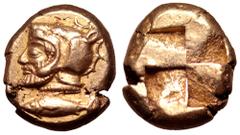 Greek Mysia, Kyzikos EL Hekte. Circa 500-450 BC. Bearded head of Poseidon to left, wearing a helmet in the form of the head of a sea monster; below, tunny fish to right / Quadripartite incuse square. 