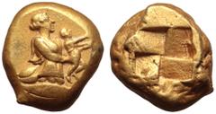 Greek Mysia, Kyzikos EL Stater. Circa 450-330 BC. Gaia rising out of the earth, bearing in both hands the infant Erichthonios; tunny fish below to right / Quadripartite incuse square. Von Fritze 157; 