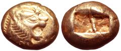 Greek Kingdom of Lydia, Alyattes EL Trite. Sardes, circa 610-546 BC. Head of roaring lion right, sunburst with multiple rays on forehead / Two incuse squares of unequal size. Traité II/1, 44, pl. II, 