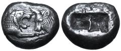 Greek Kingdom of Lydia, Kroisos AR Stater - Double Siglos. Sardes, circa 564/53-550/39 BC. Confronted foreparts of lion right and bull left / Two incuse squares of unequal size. Berk 20; Traité I 407;
